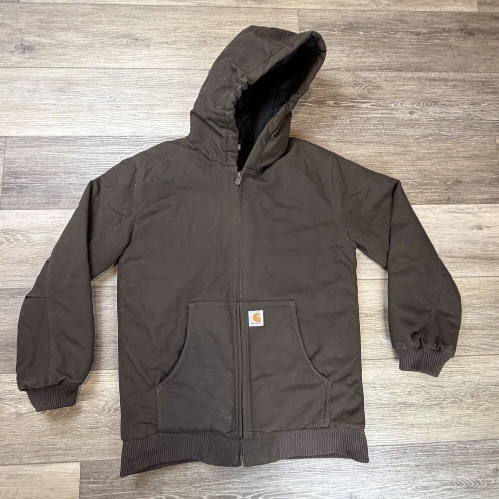 Carhartt Jacket Boys Size XL 18-20 Brown Hooded Canvas Quilted Winter Work